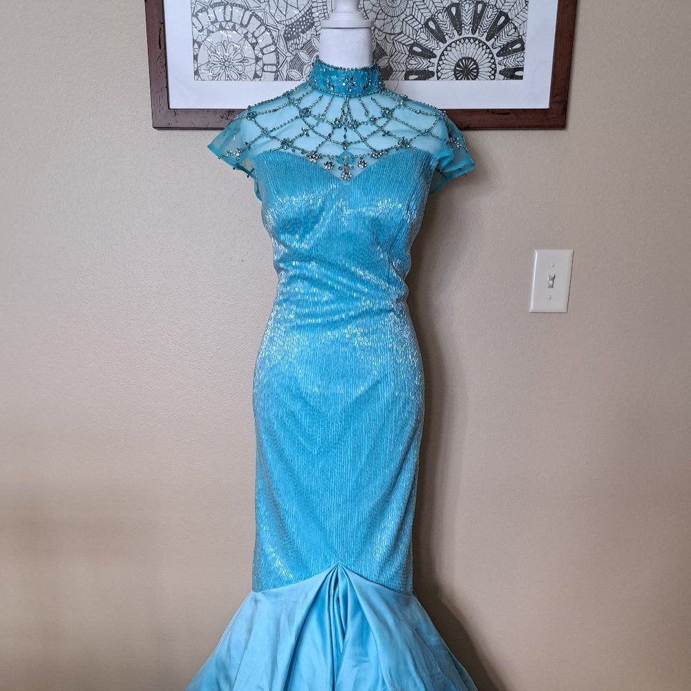 Custom Made Light Blue Liquid Beaded Mermaid Gown